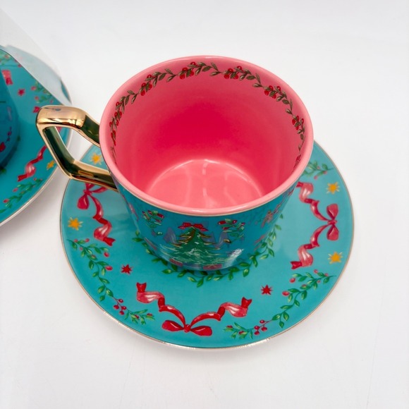 Monterey Bay Fine Porcelain Christmas Tree Teacup Saucer Set Teal Pink Gold - Picture 2 of 7